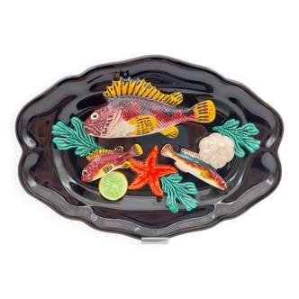 Ceramic dish barbotine vallauris trompe l'oeil kitsch Fish