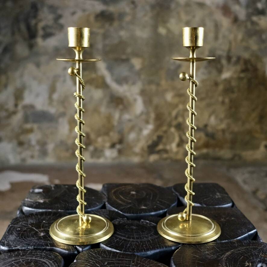 Pair of Art Deco twisted brass candlesticks, France, 1930s