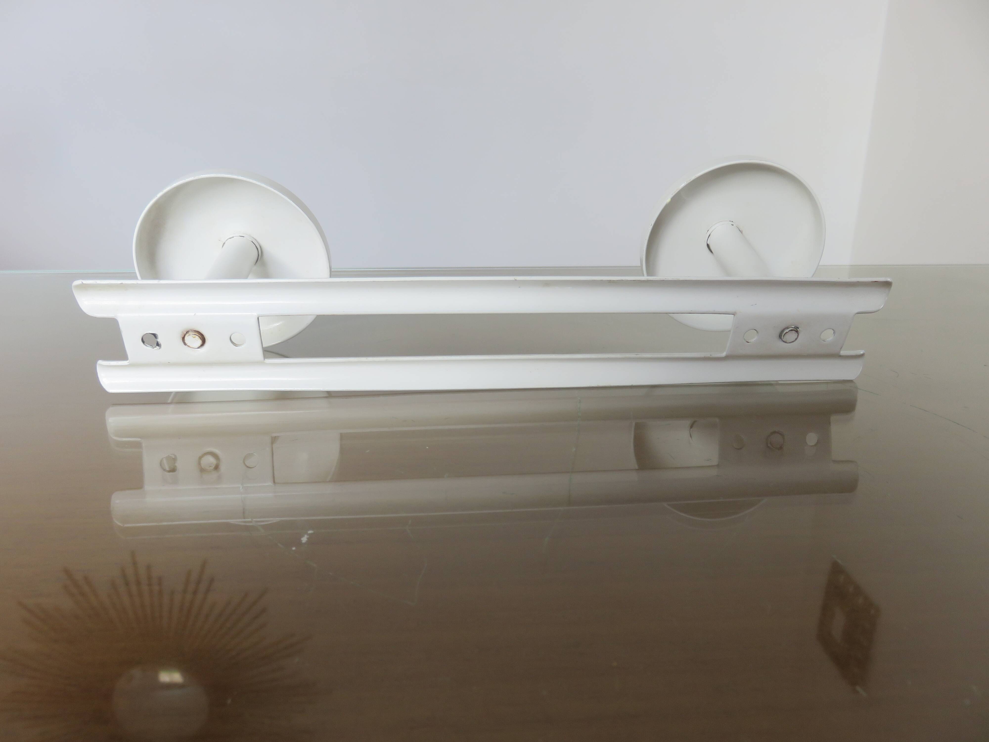 Wall coat rack in white lacquered metal with 2 hooks, 1970.