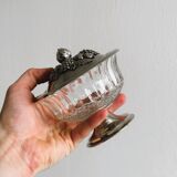 Sucrier ancien en verre pressé et métal argenté