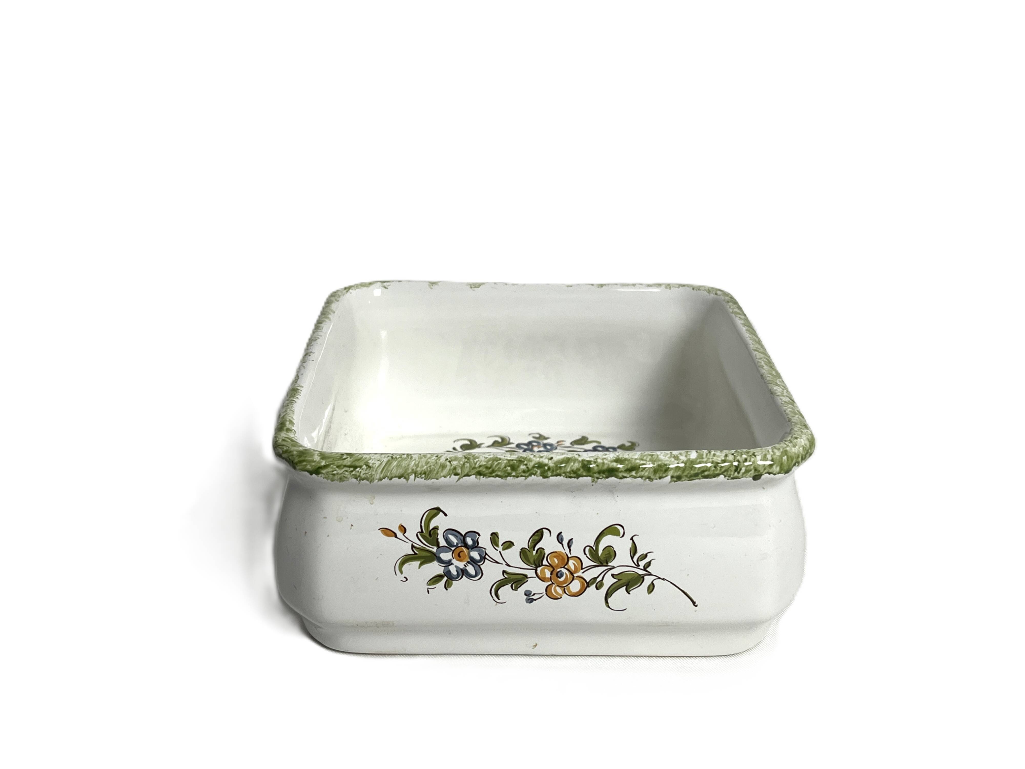 Moustiers, square shallow dish with bird decoration, 20th century.
