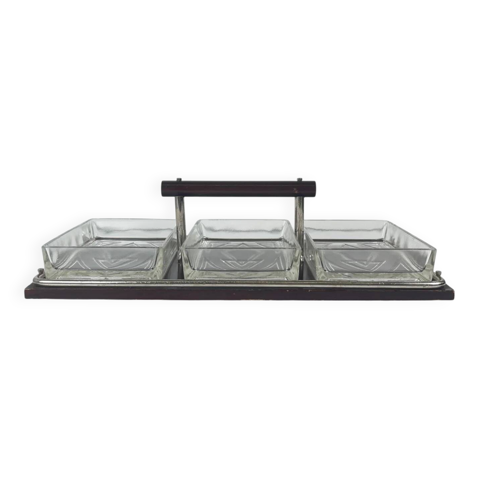 Vintage wooden and glass appetizer tray, 1960s/70s