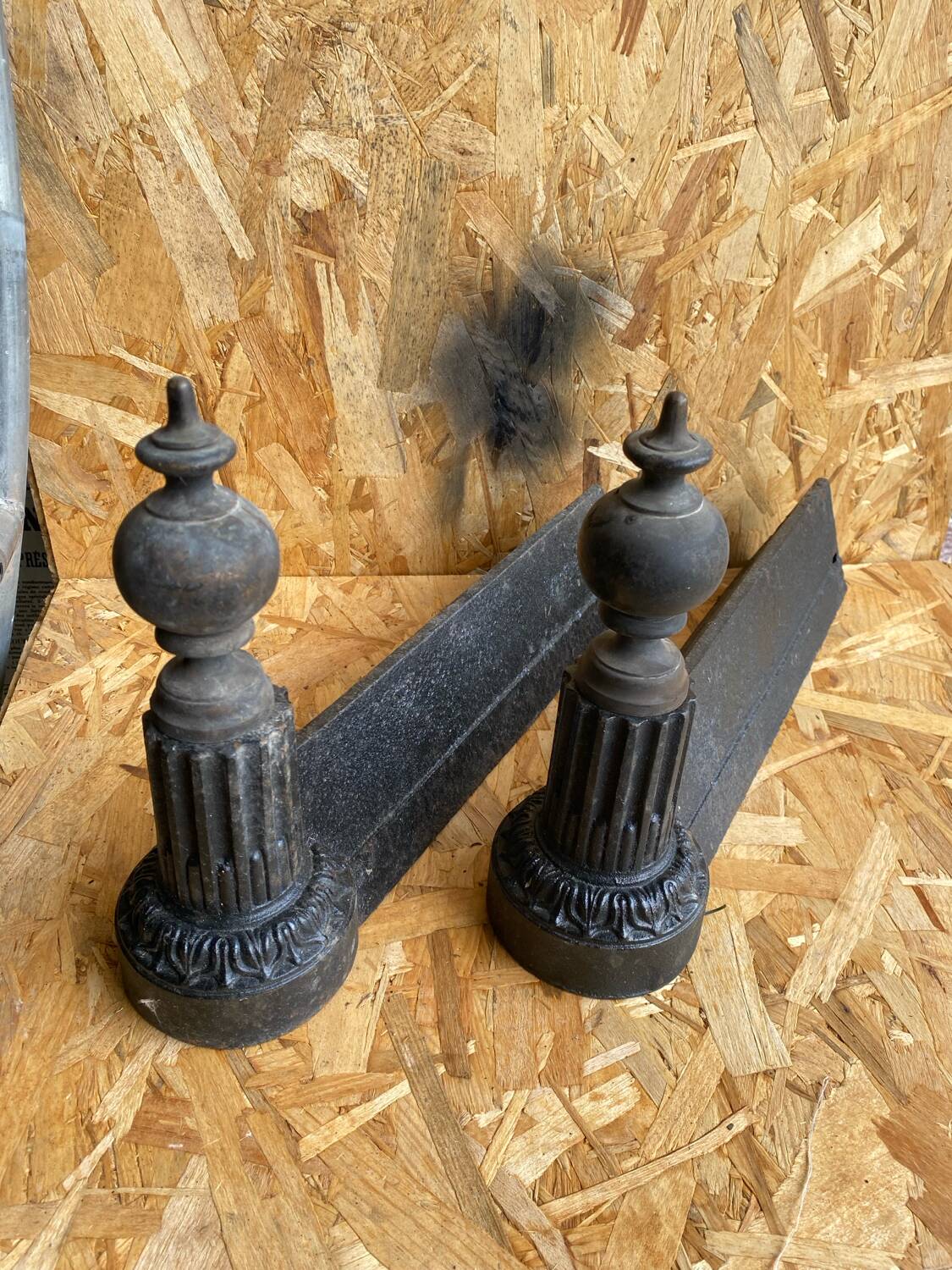 Pair of Napoleon 3 neoclassical cast iron fireplace andirons + brass ball