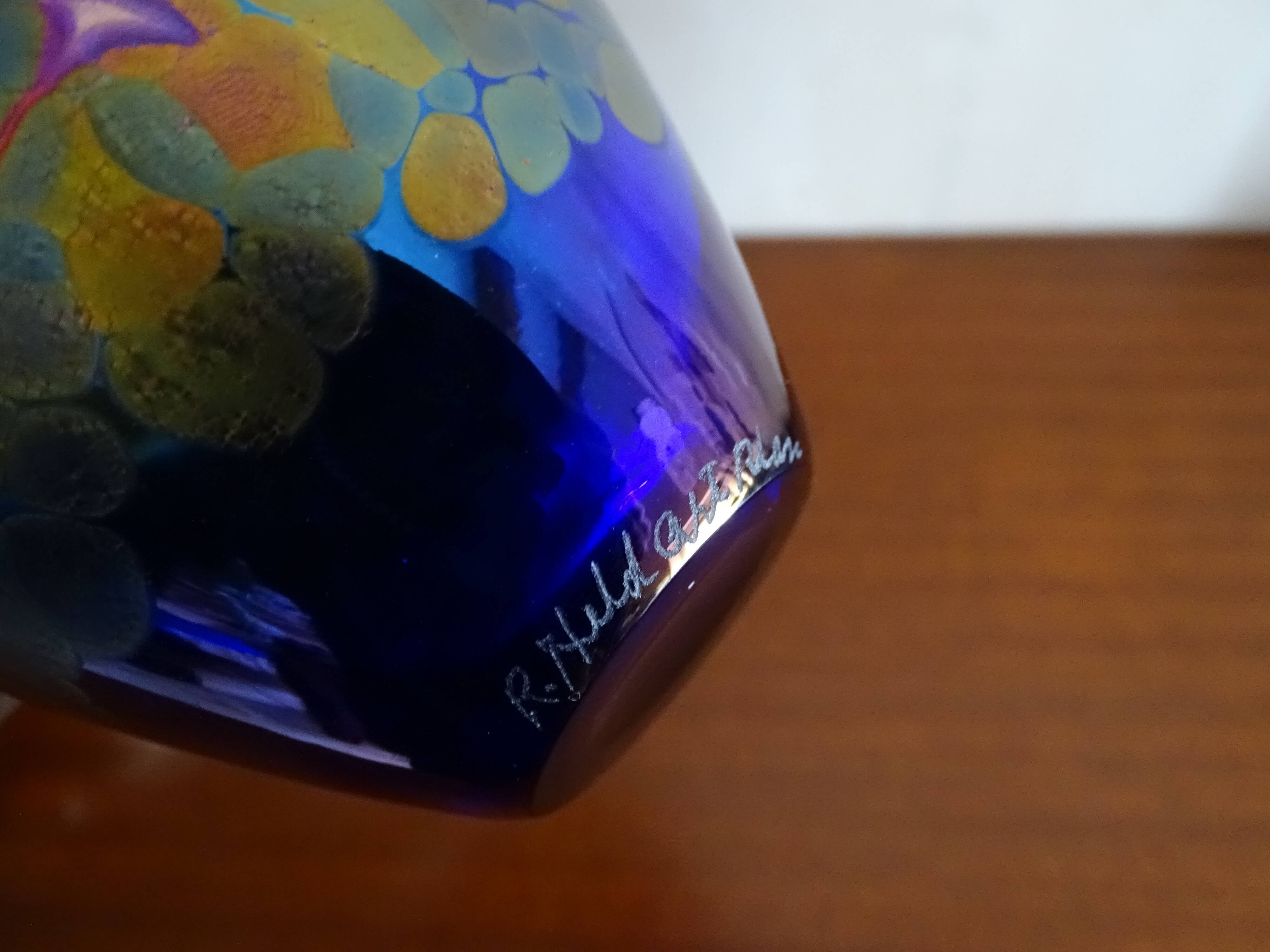 Multicoloured iridescent glass vase and cobalt blue Canada Robert Held signed