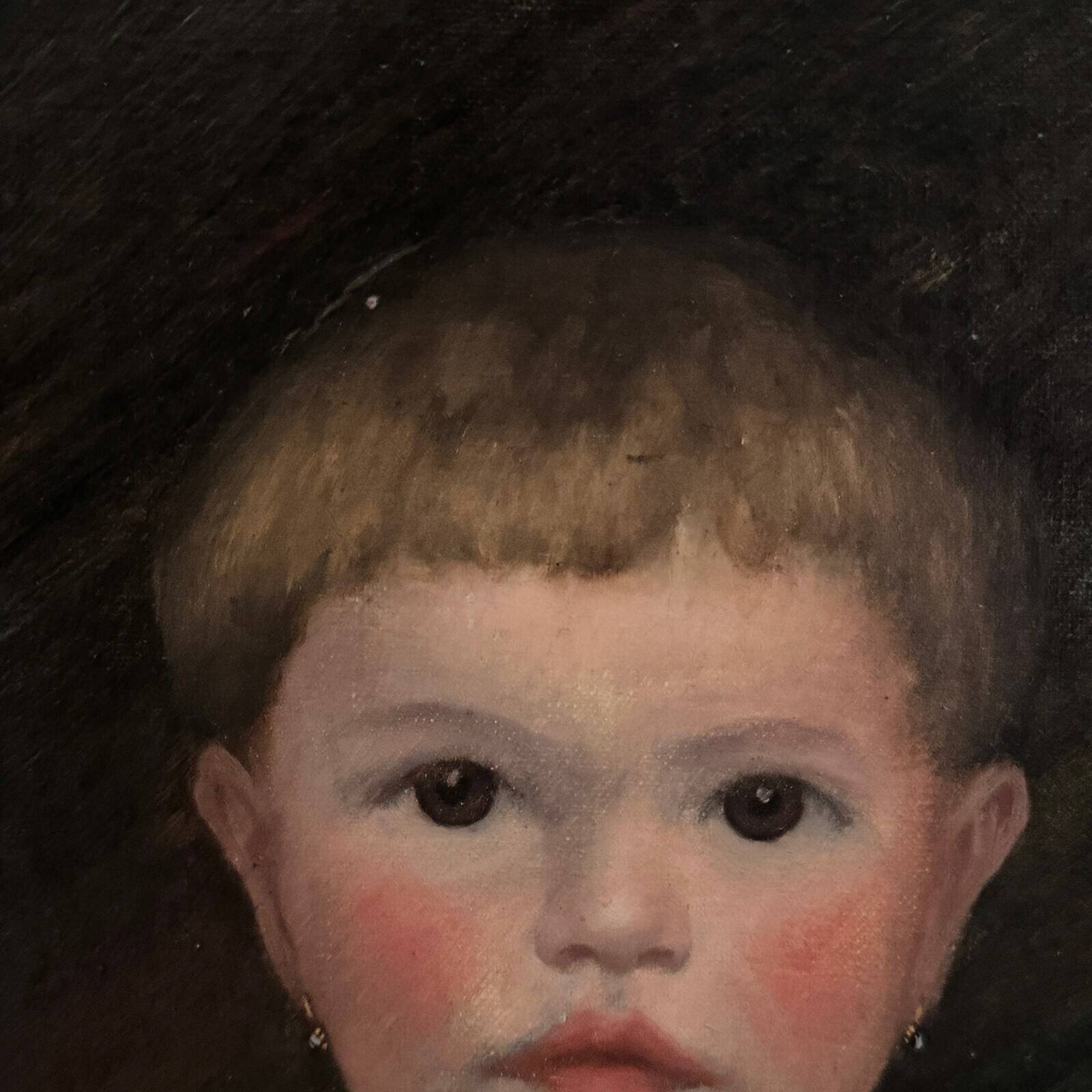 Oil on canvas 19th century young child carrying his cat gilded frame
