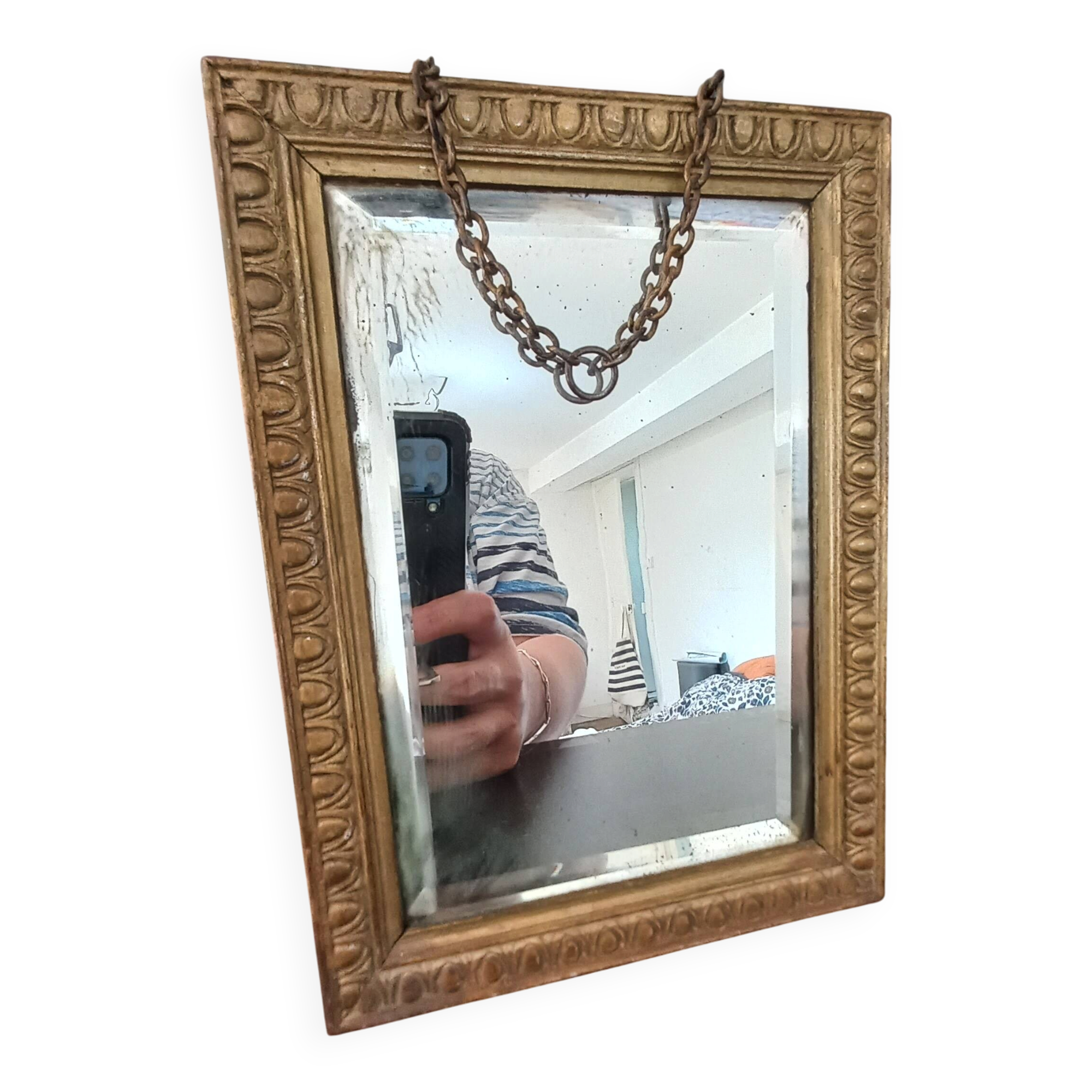 Small vintage mirror in gilded wood, bevelled glass with chain.
