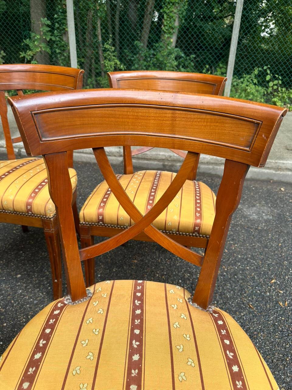 4 Matignon chairs by René Trotel in solid cherry wood and yellow fabric from the 1960s.