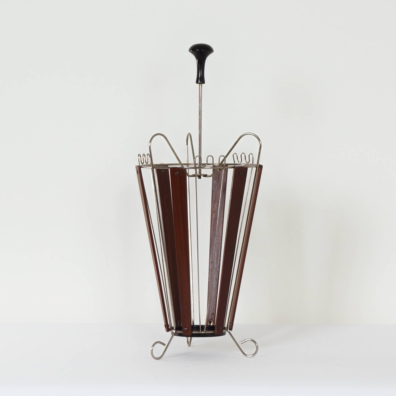 Vintage Teak and Curved Metal Umbrella Stand, 1950s