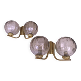 Mid century pair of brass and glass double wall lights, 1970s