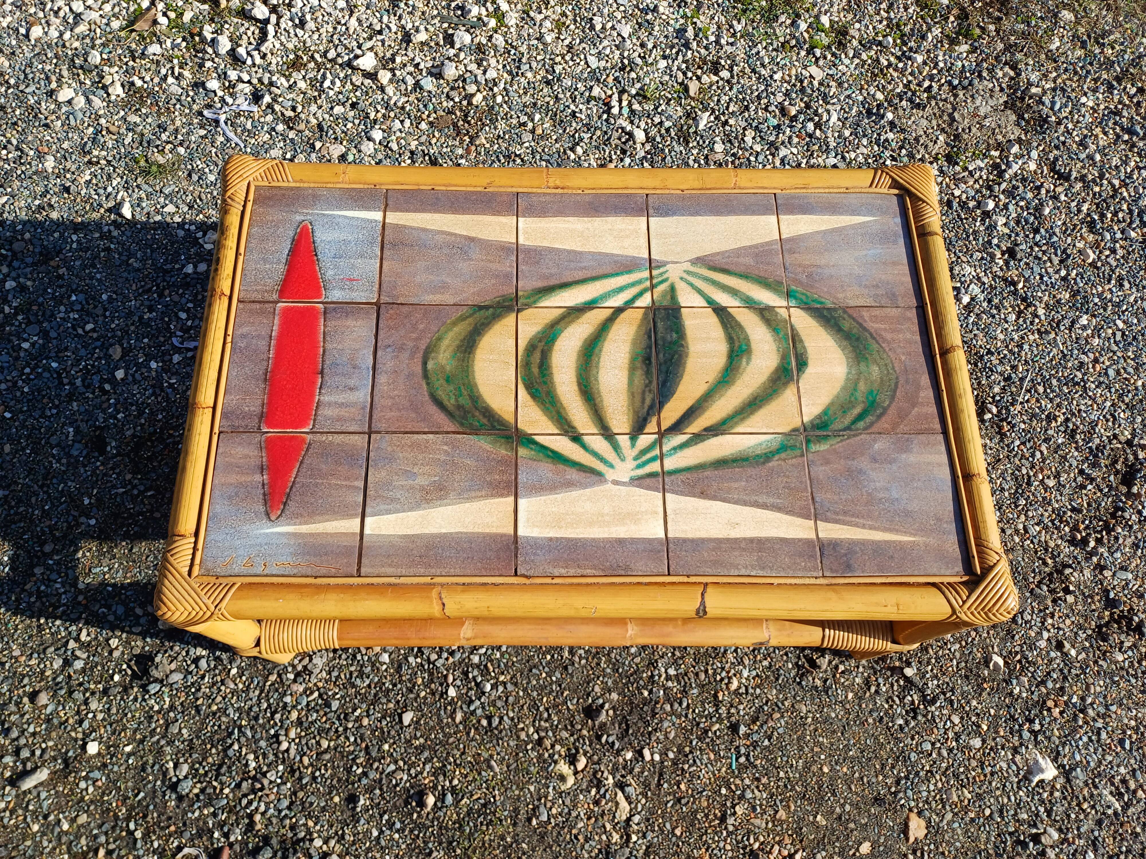 Vintage bamboo and earthenware coffee table signed jl gruer