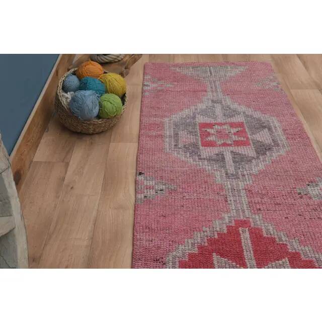 1970s Vintage Turkish Handmade Wool & Cotton Pink Runner Rug 83x307