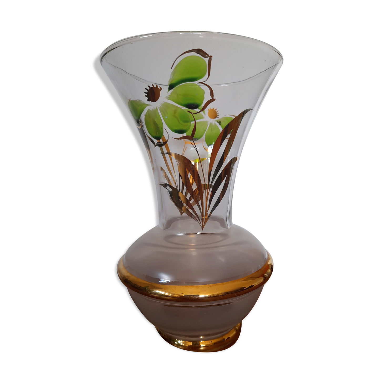 Old glass vase with gilding and Art Deco painted flowers