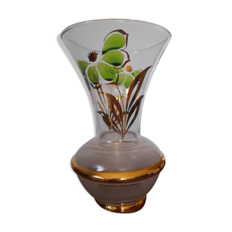 Vase en verre avec dorure et fleurs peintes Art Déco