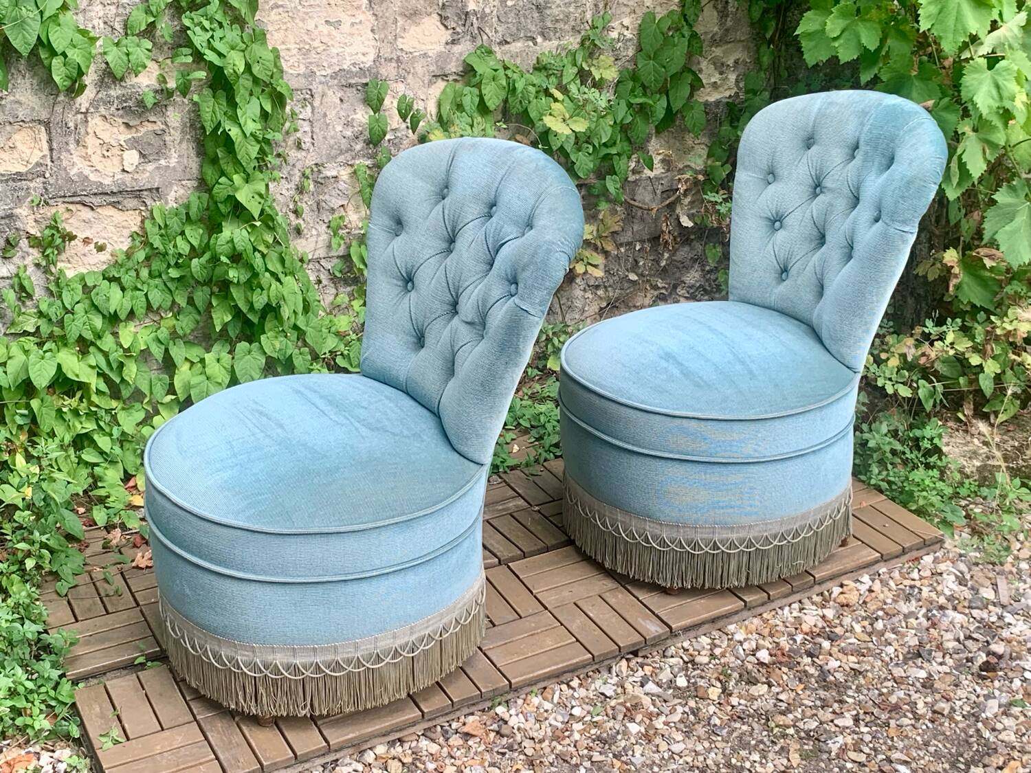 Pair of vintage blue velvet upholstered toad armchairs from the 1970s