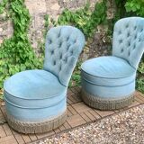 Pair of vintage blue velvet upholstered toad armchairs from the 1970s