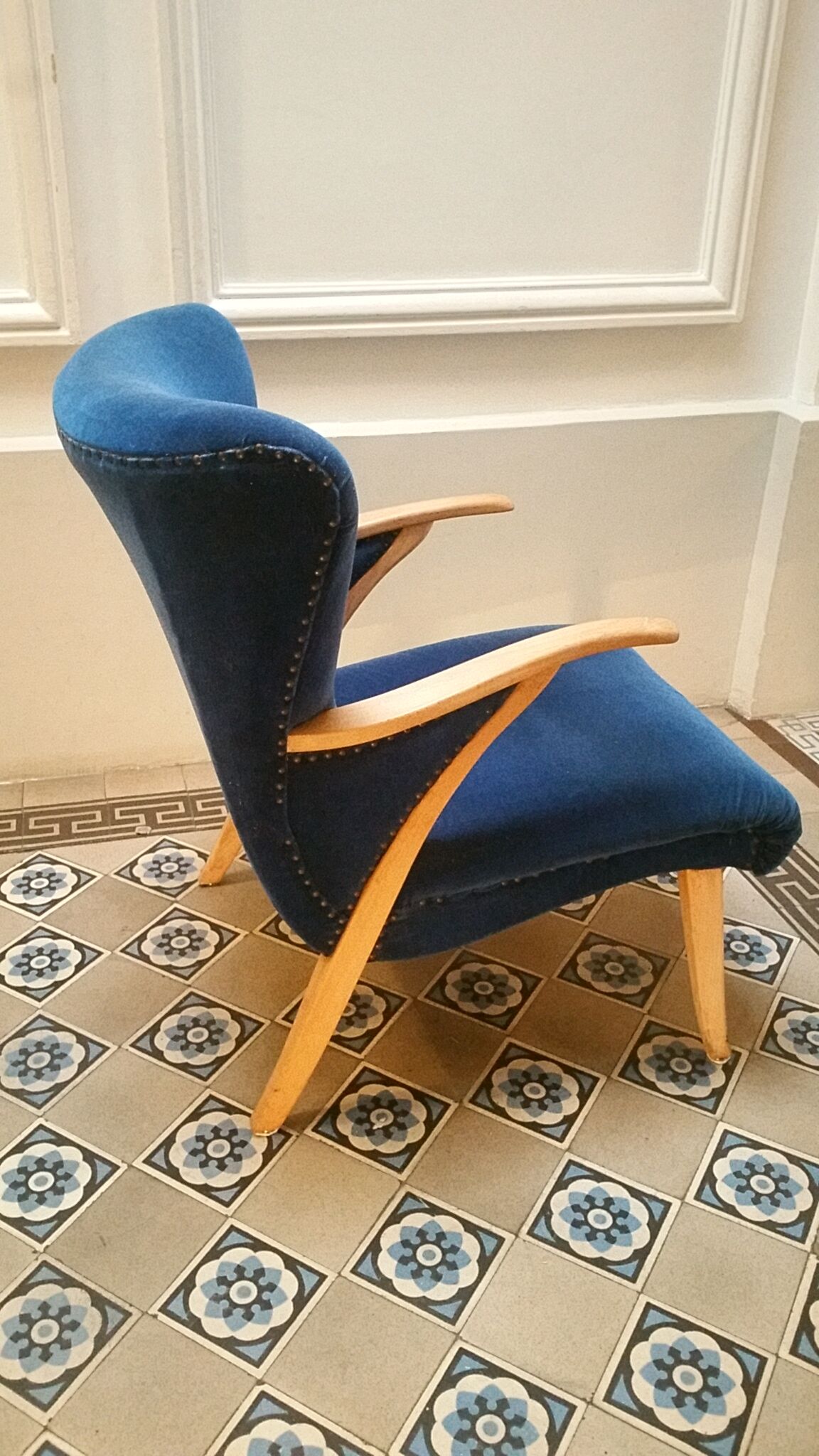 Pair of chairs Scandinavian wing stripes cocktail years 50 Blue