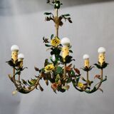 Chandelier with 6 arms of flower lights in painted sheet metal