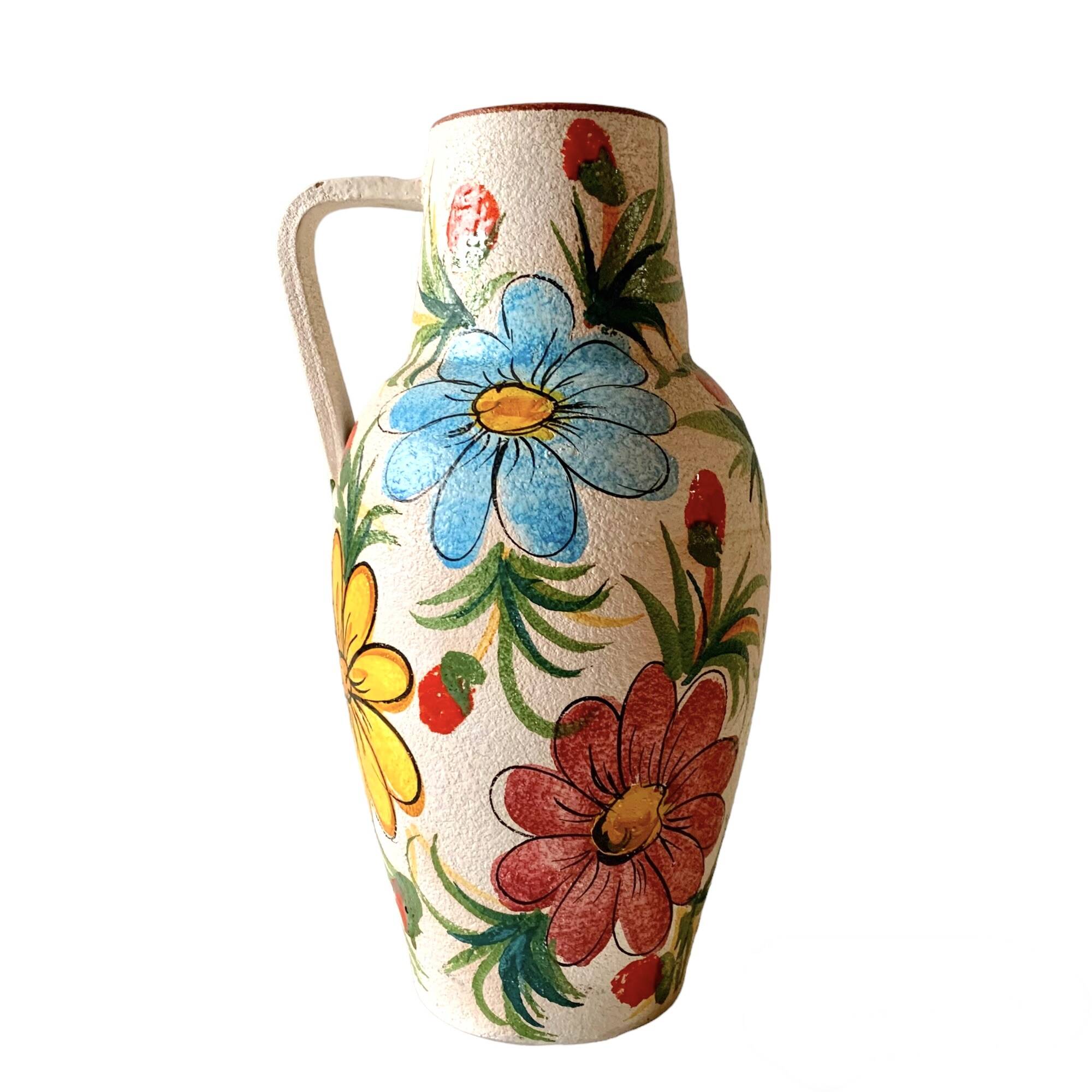 Large vintage ceramic vase - hand-painted floral decoration - Italy