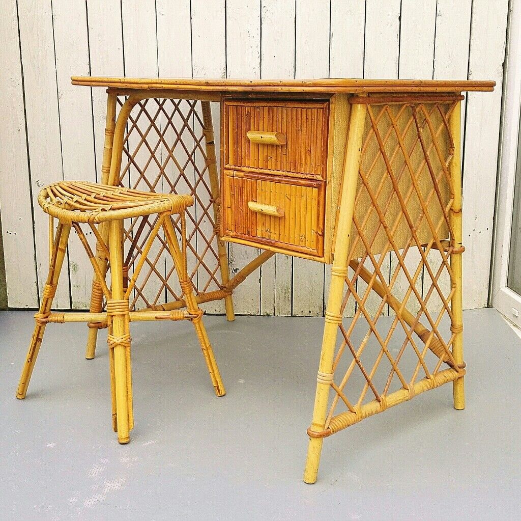 Vintage Louis Sognot rattan desk and stool