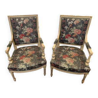 Pair of Louis XVI style armchairs in white lacquered beech