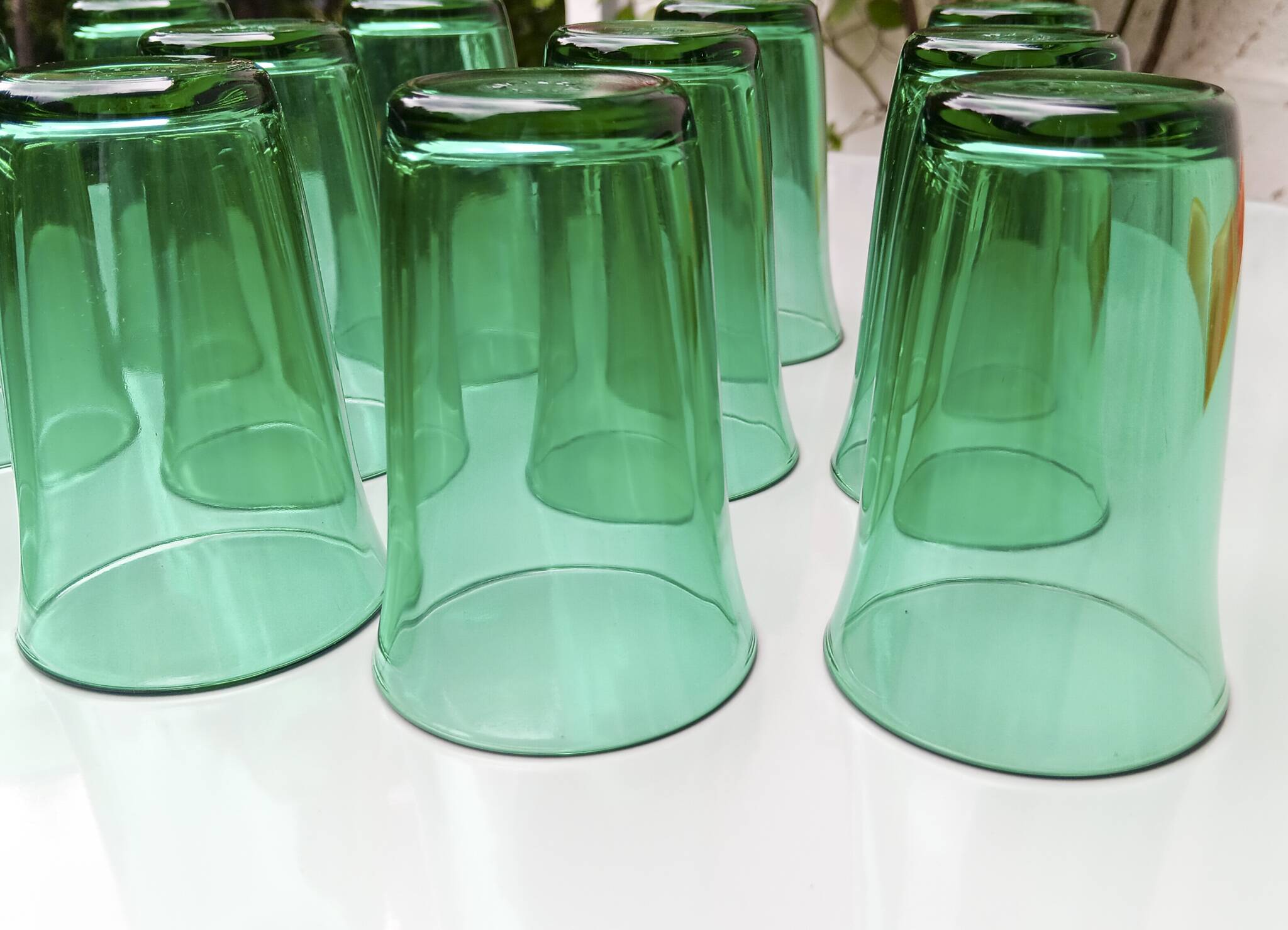 12 vintage Lesieur green glasses.
