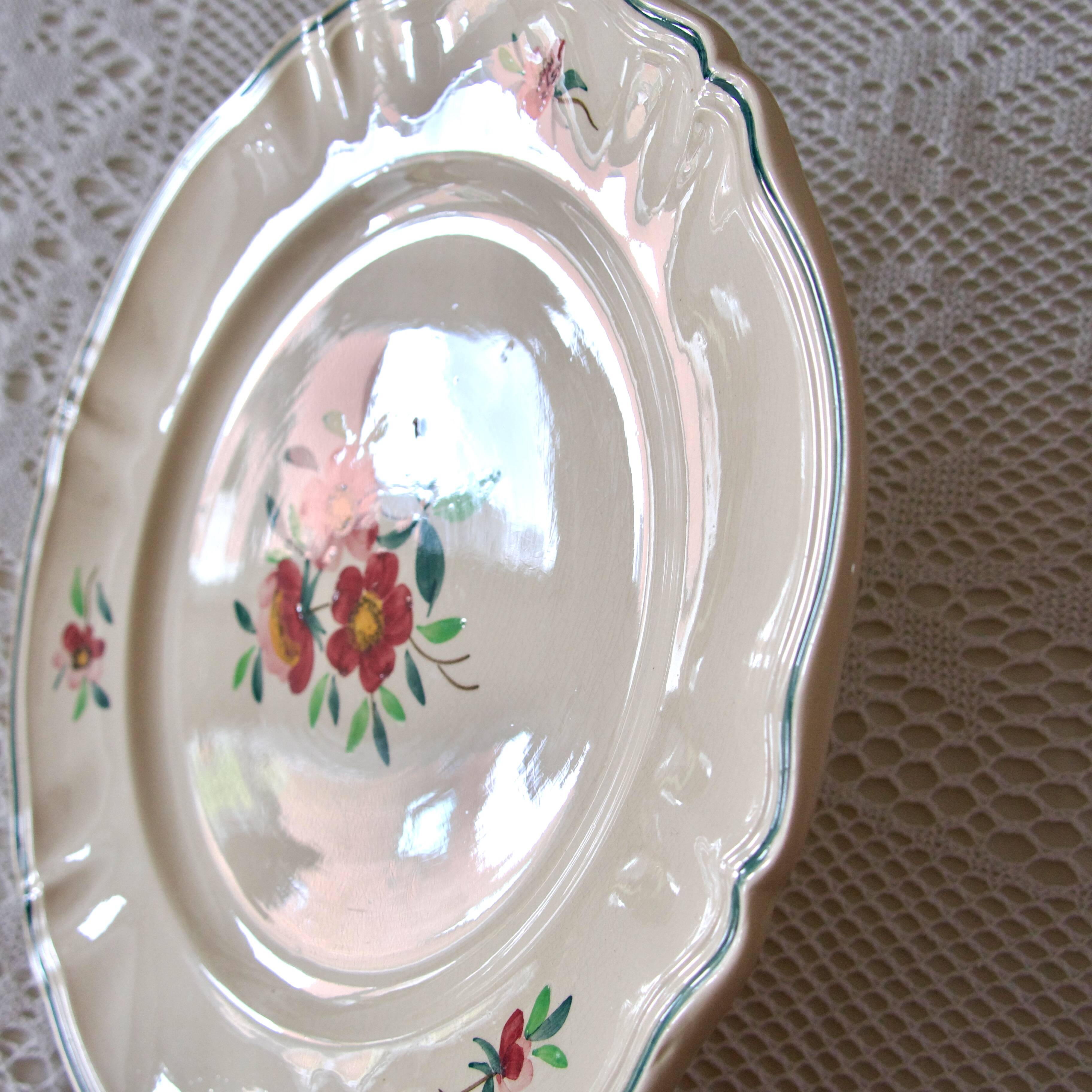 Large old round dish Sarreguemines Amazonas hand painted