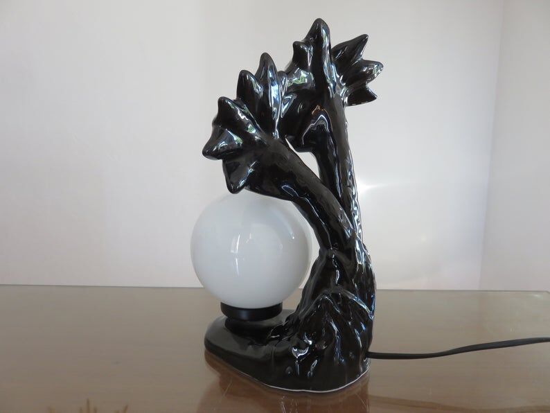 Black ceramic "palm" lamp and white opaline ball 70/80