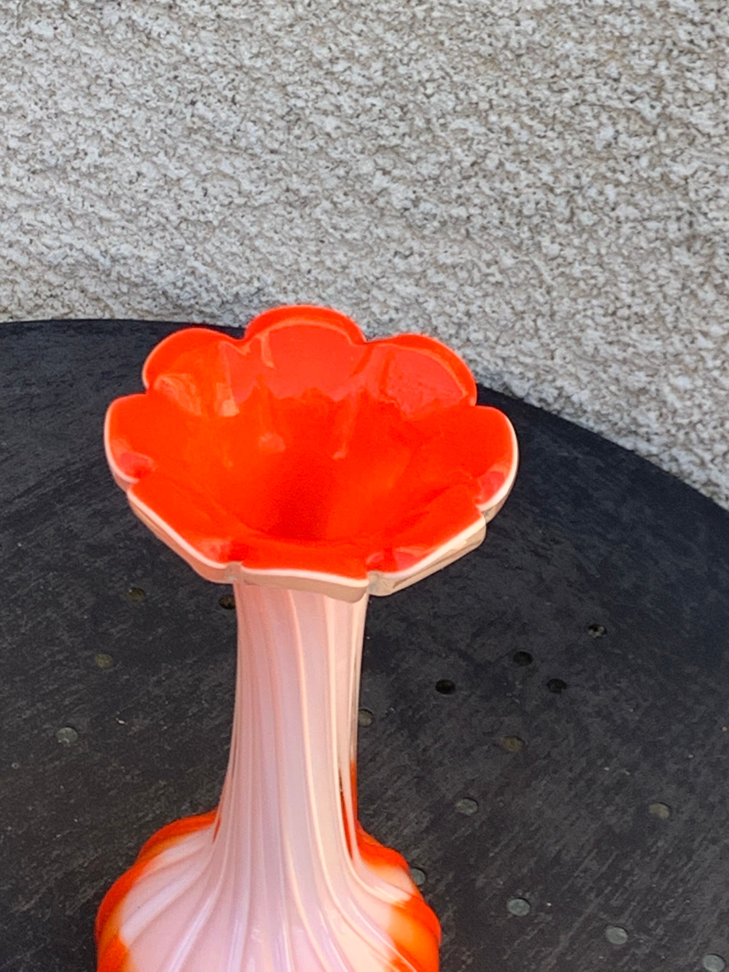 Orange and white opaline vase in the shape of a vintage flower corolla