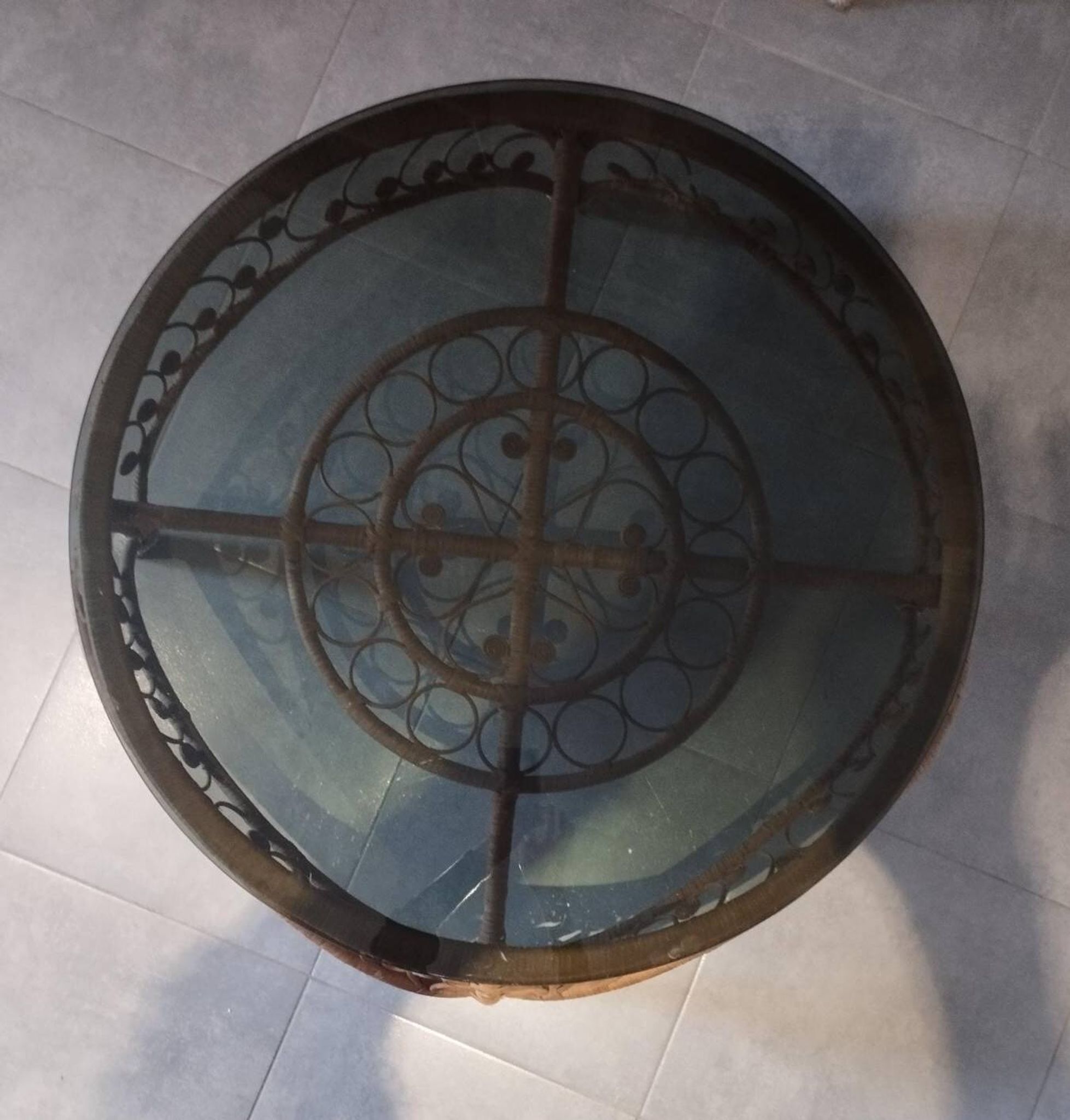 Large Peacock-French Riviera coffee table in rattan, bamboo, glass, vintage.