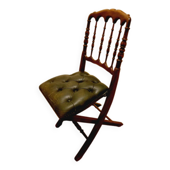 Chaise anglaise pliante - vintage en bois et cuir