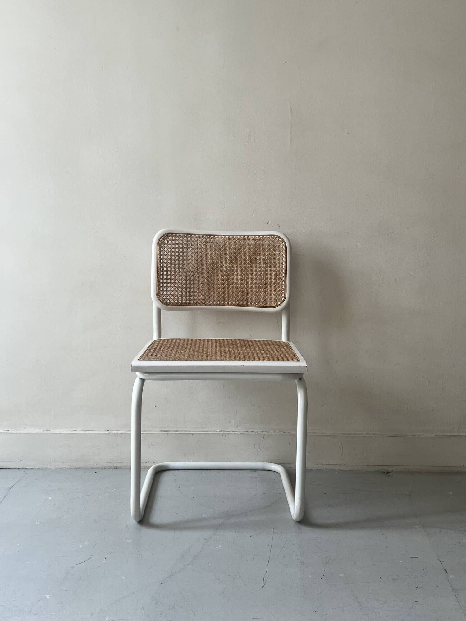 Cesca B32 vintage design chair in white metal and cane by Marcel Breuer