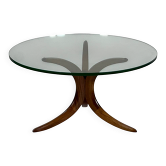 Table basse ronde en teck et verre, années 60