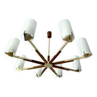 Large Scandinavian Pendant Light, Teak Brass Glass