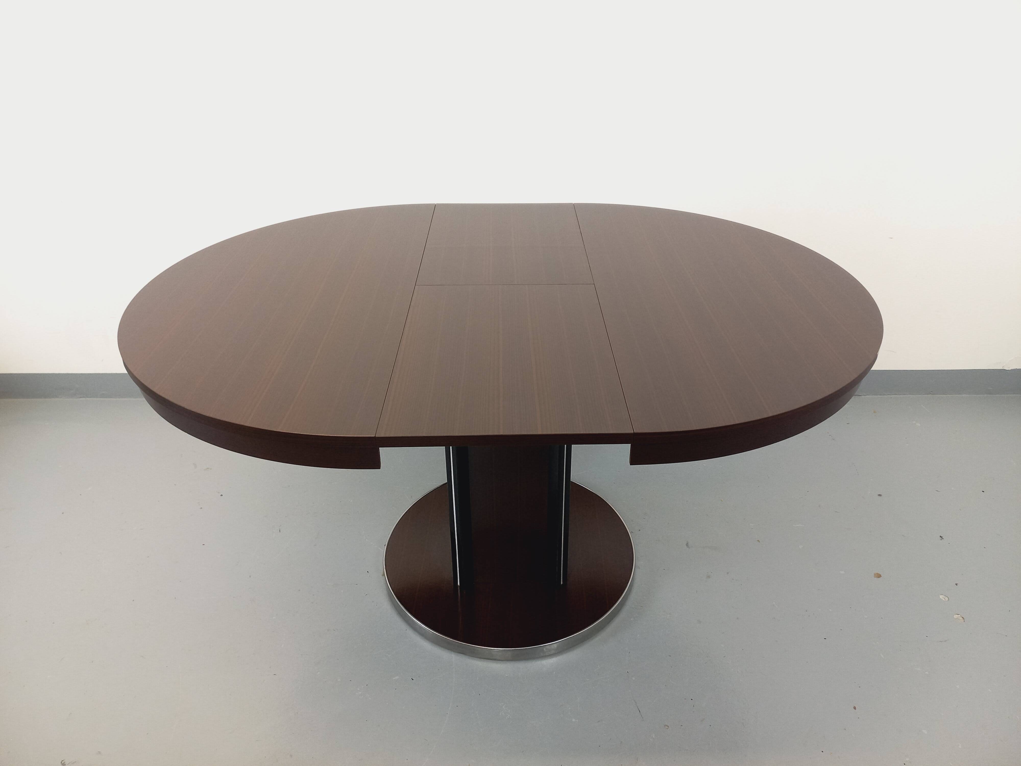 Table ronde de repas vintage en bois d’ébène et métal chromé Space Age