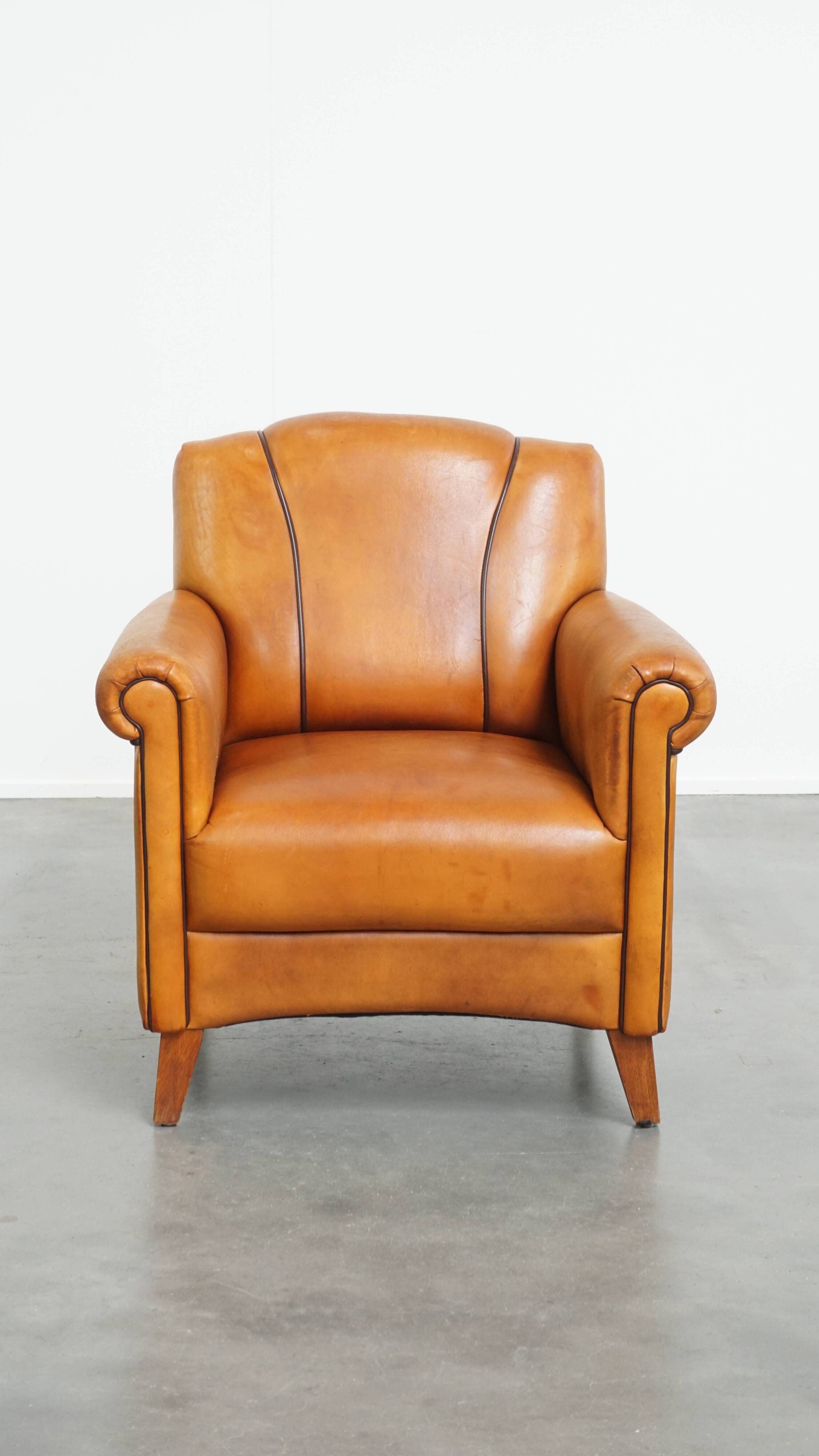 Sheepskin Leather Armchair and Dark Brown Piping