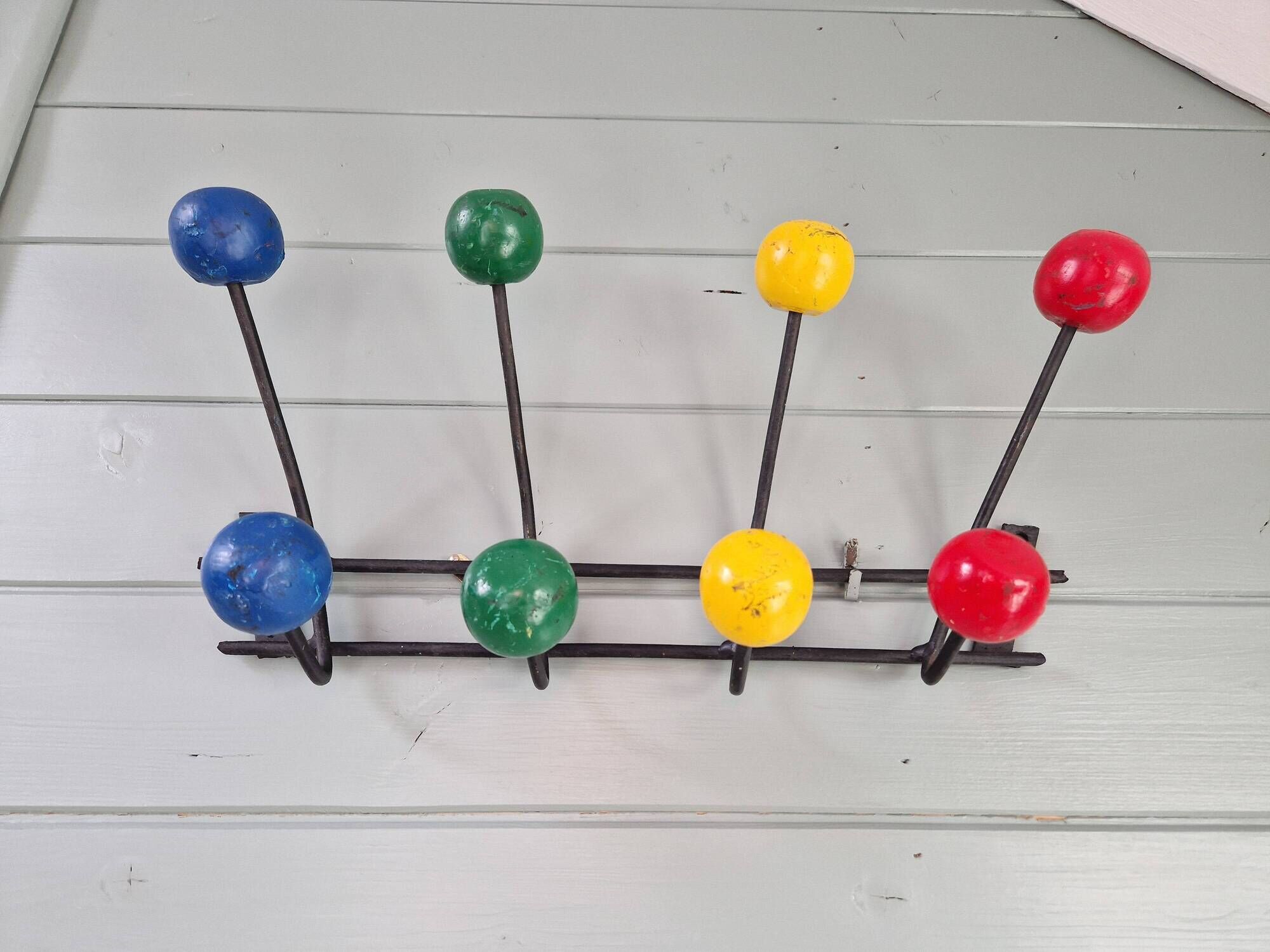 Vintage wall coat rack with 8 hooks in metal and wood (4 available), 1960s