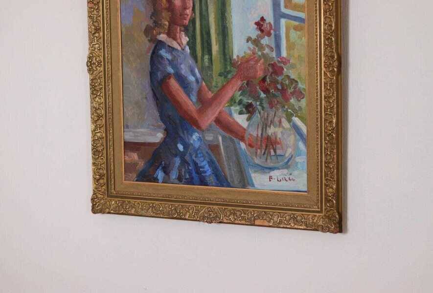 Original Swedish oil on canvas – “Woman with Flowers” by Bendt Lauritzen – signed, framed 82 × 72 cm (32.3" × 28.3")