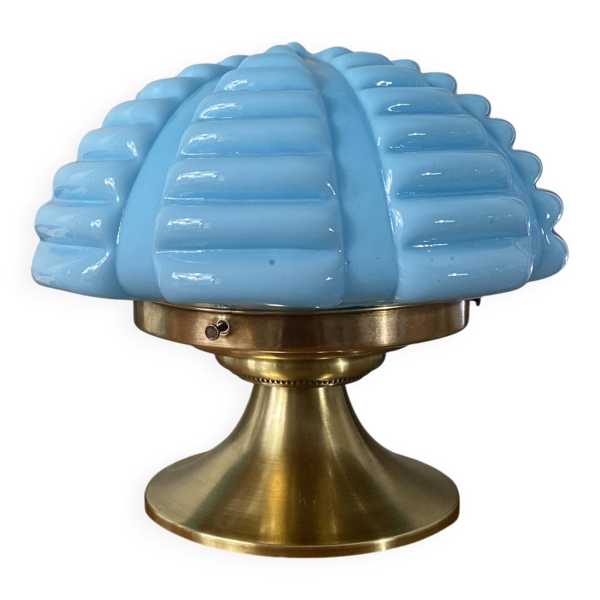 Vintage Art Deco modernist lamp with blue opaline glass and brass.