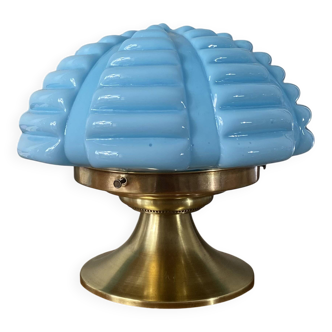 Vintage Art Deco modernist lamp with blue opaline glass and brass.