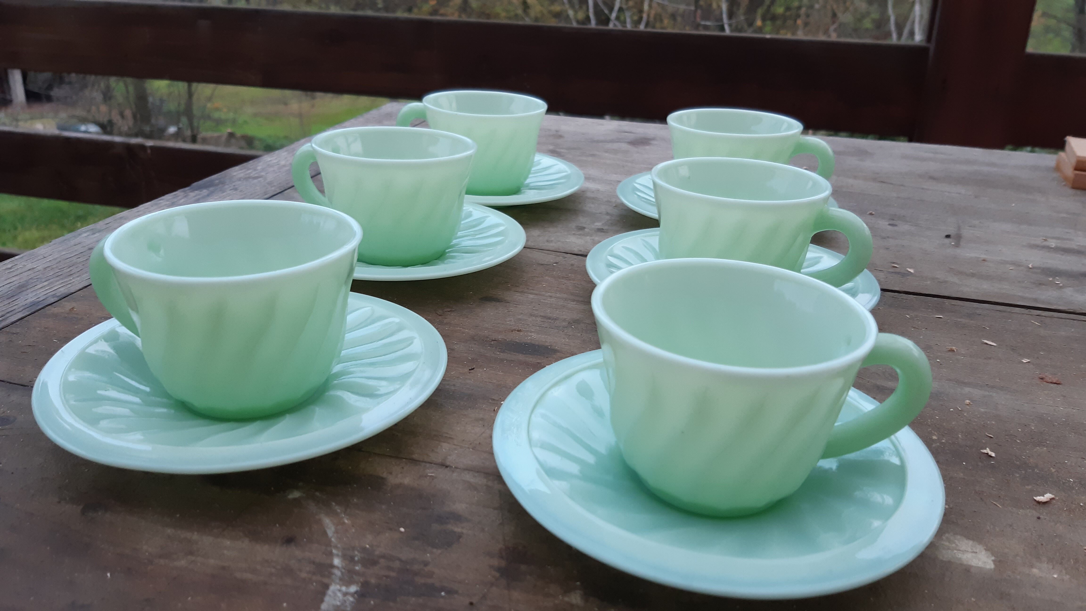 Set of 6 cups and saucers opaline green water