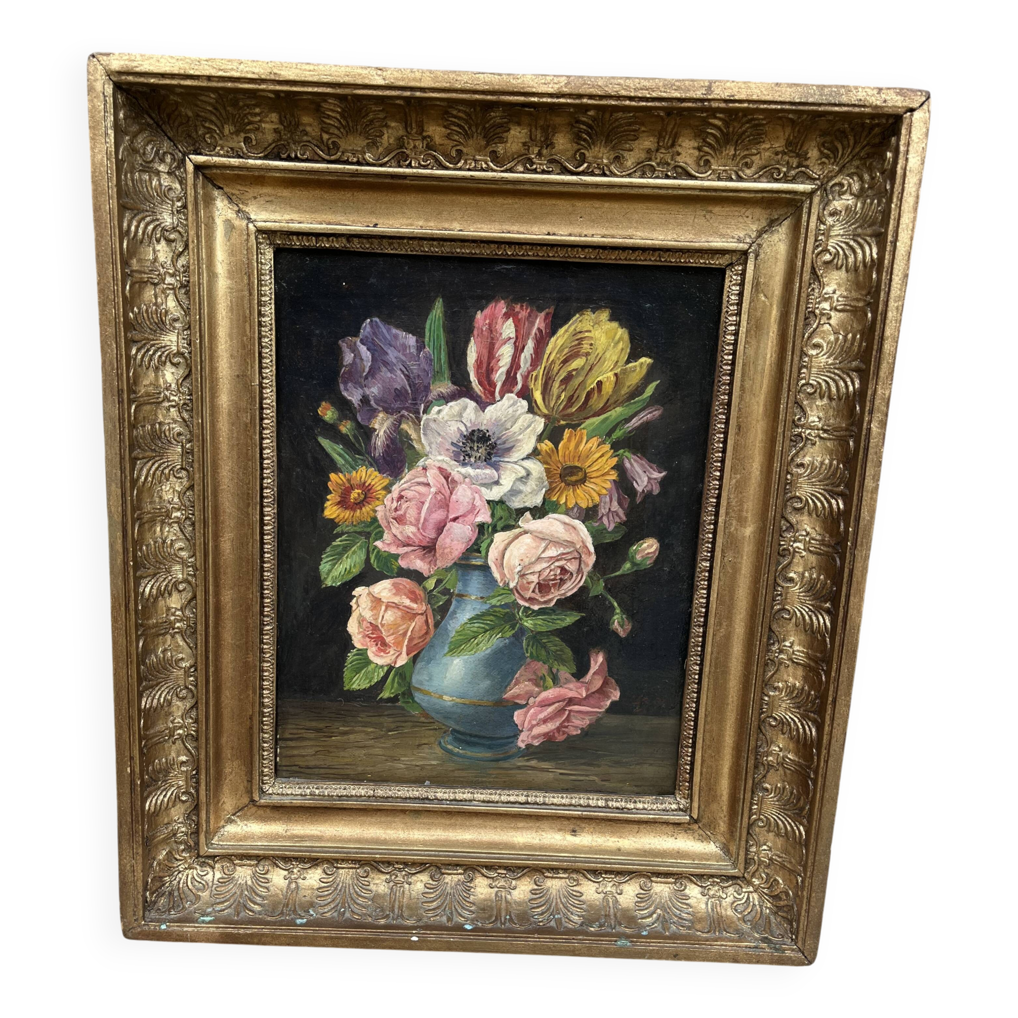 Old painting still life with flowers – oil on canvas – gilded frame