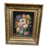 Tableau ancien nature morte aux fleurs – huile sur toile – cadre doré