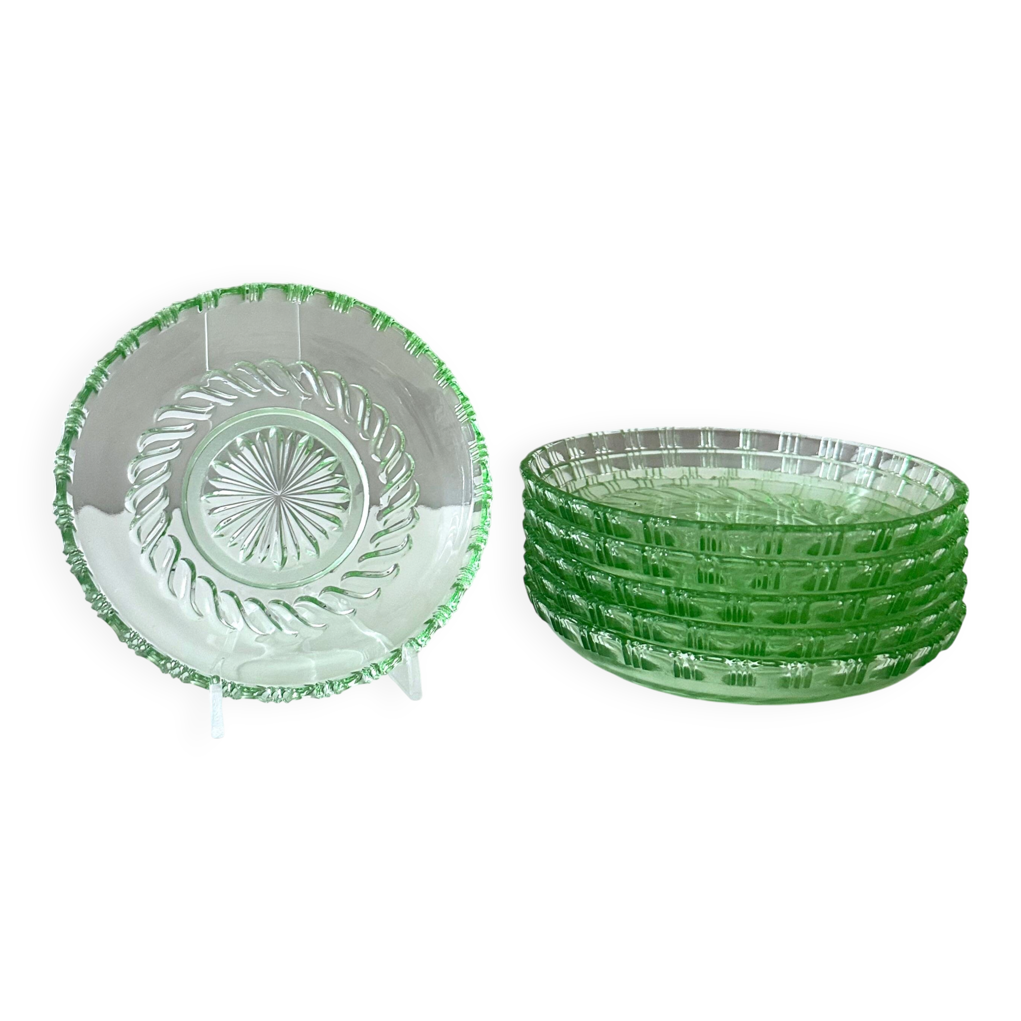 Art Deco glass bowl, 6 pieces, pastel green, bowl, dessert