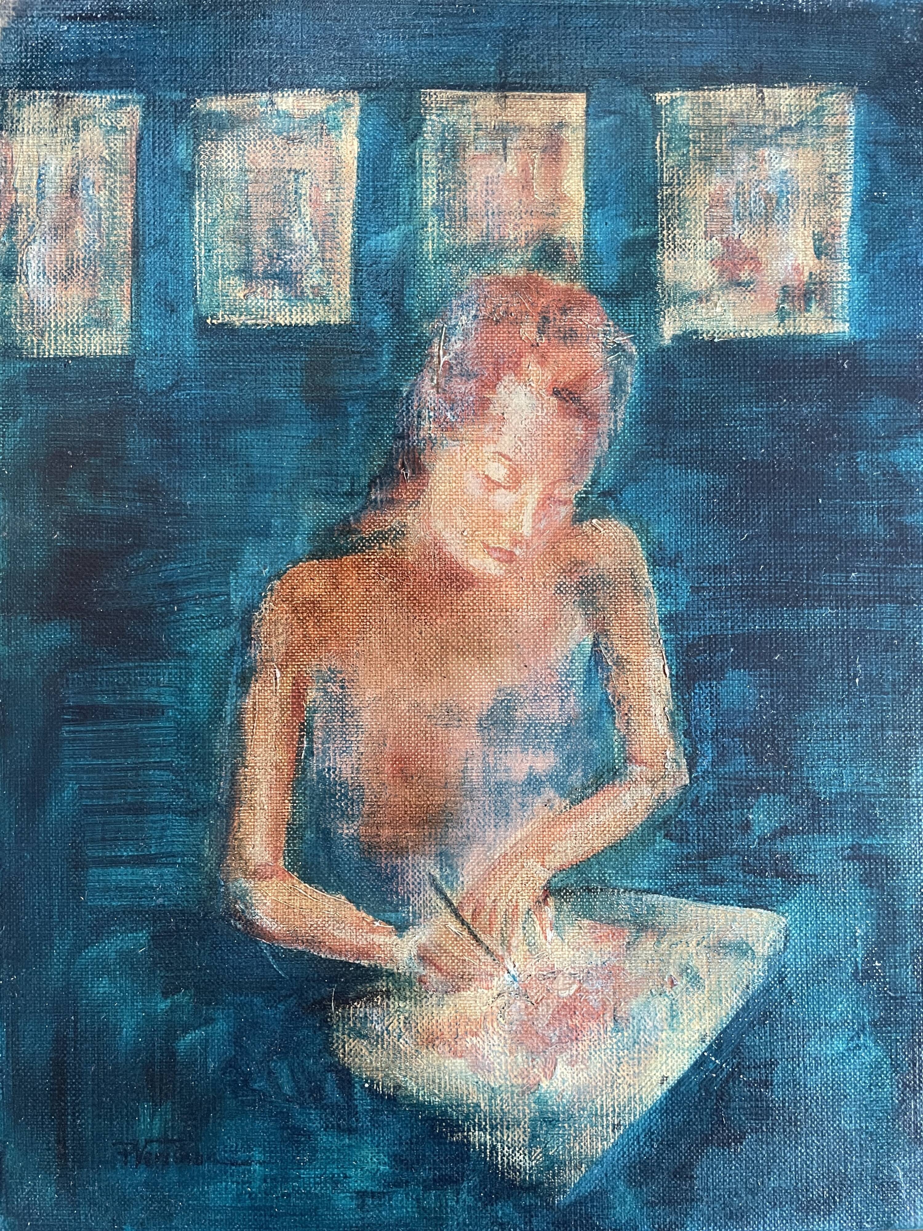 Tableau huile sur toile signé portrait femme « La Dessinatrice »