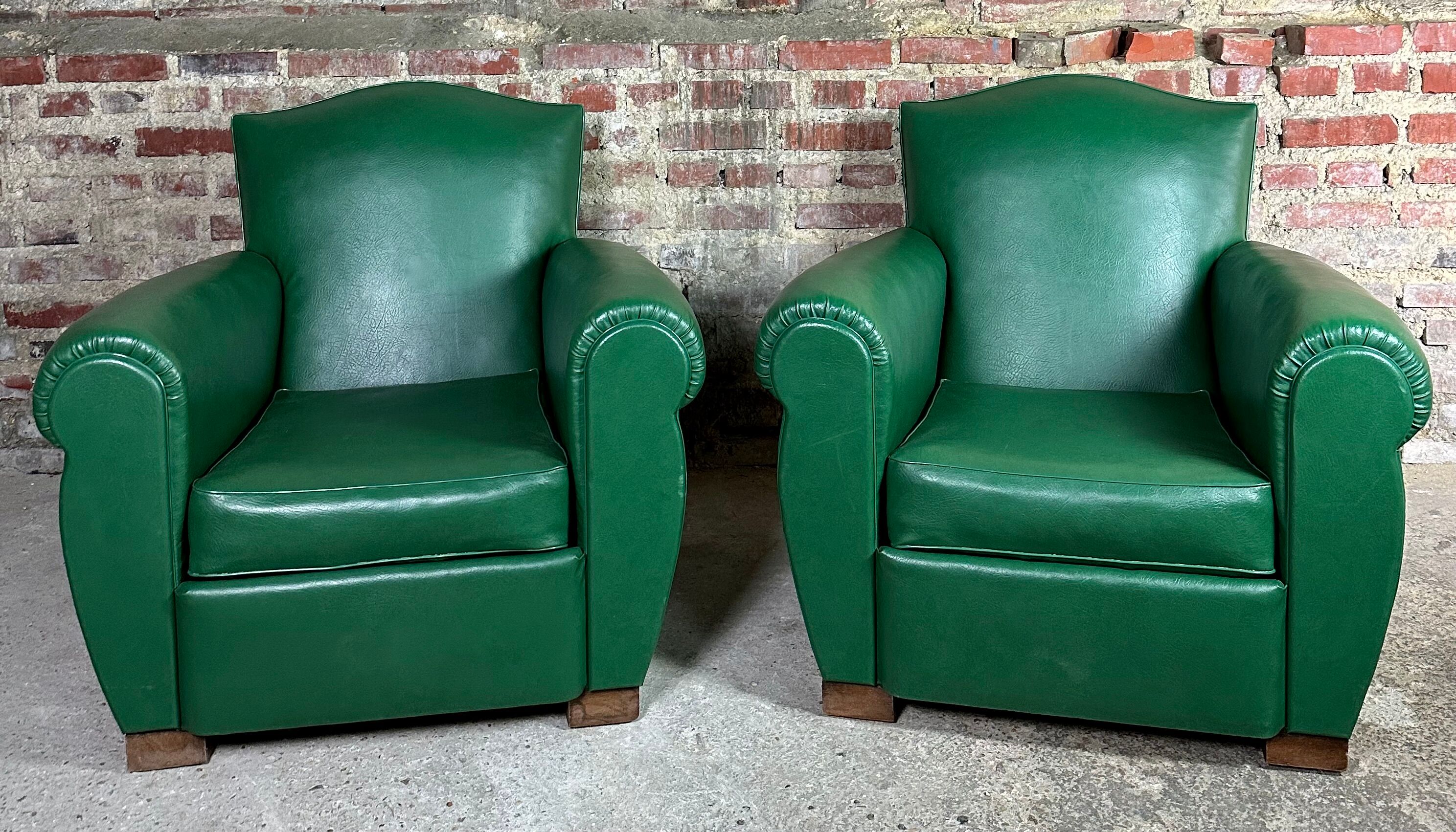 Armchairs (the pair) vintage 1950 in dark green skaï