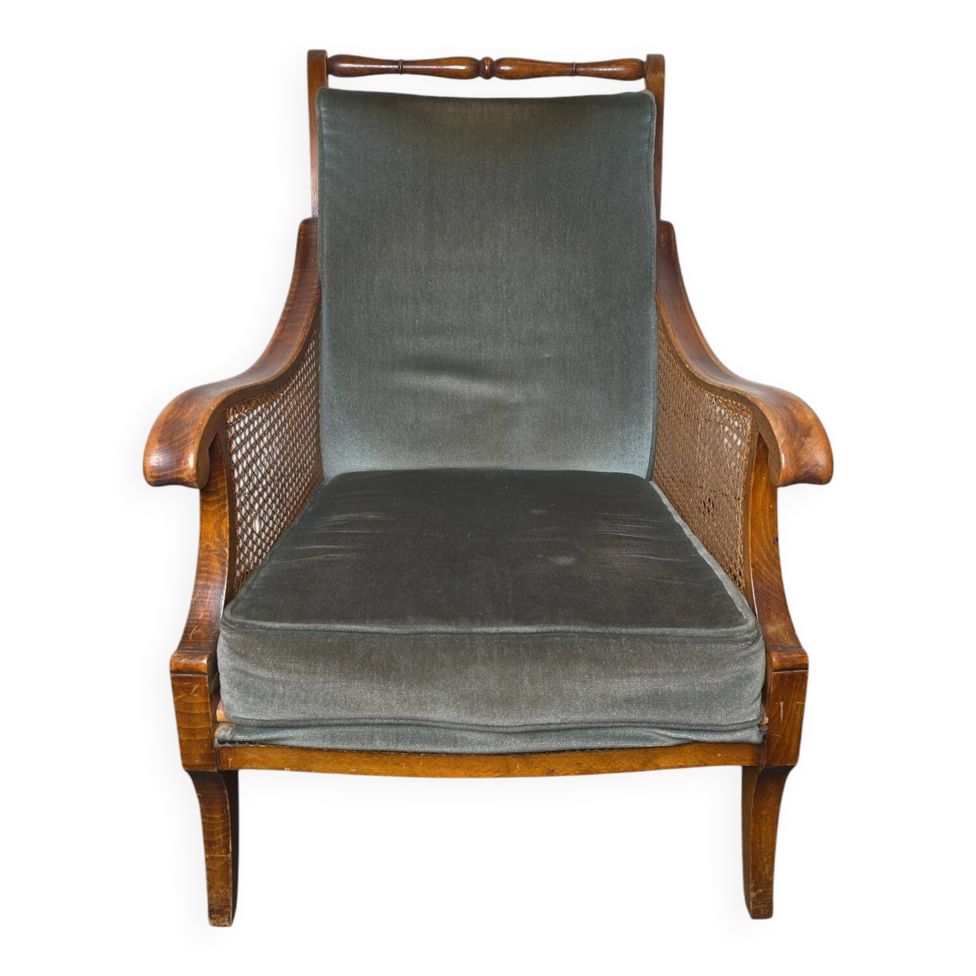 Fauteuil bergère style Régence en bois, tissu et cannage