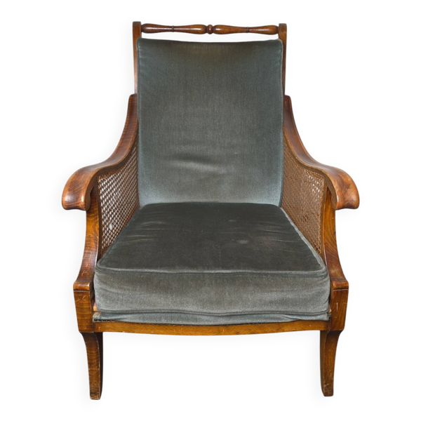 Fauteuil bergère style Régence en bois, tissu et cannage