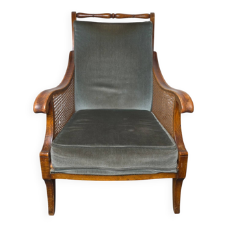 Regency style bergère armchair in wood, fabric and cane