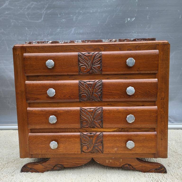 1930 Art Deco chest of drawers with recessed pink marble