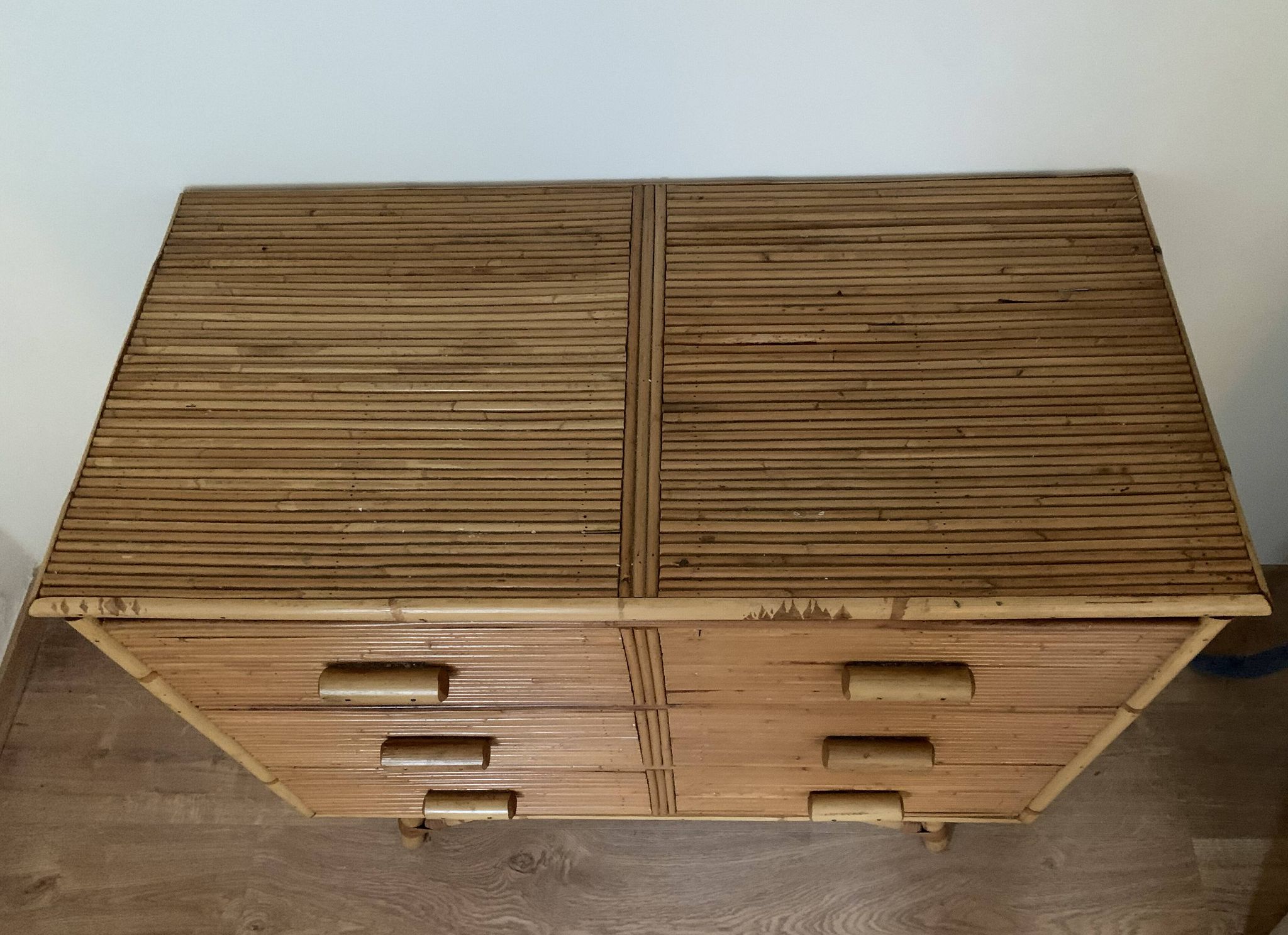 3-drawer rattan/bamboo chest of drawers attributed to Adrien Audoux and Frida Minnet. Circa 1950